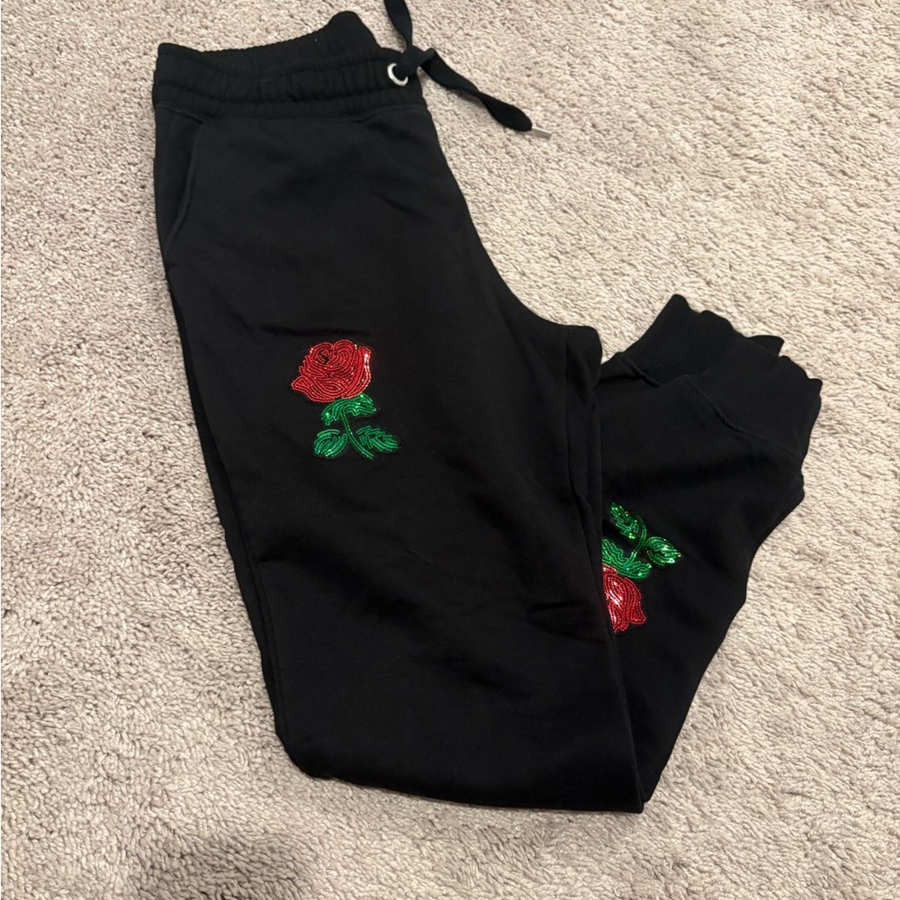 Dynamite Black Joggers with Red Rose Embroidery
